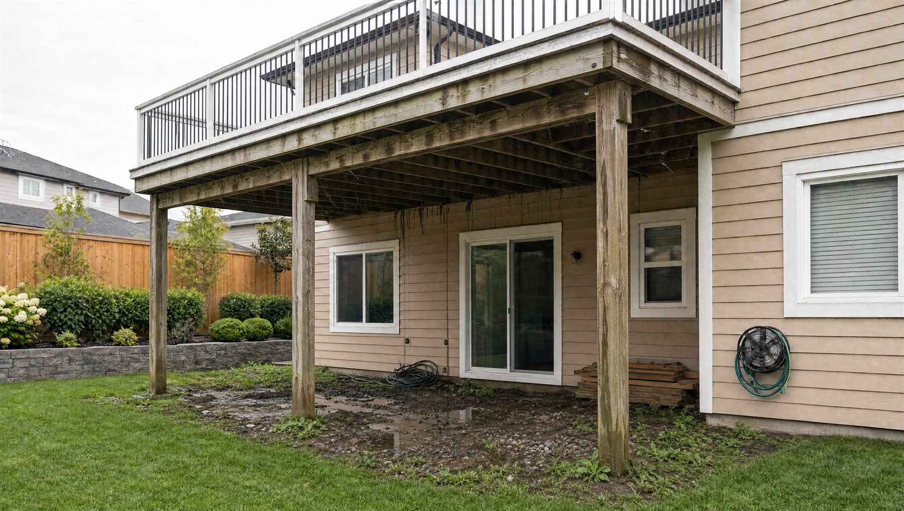 Bare joists and muddy ground under an unfinished deck
