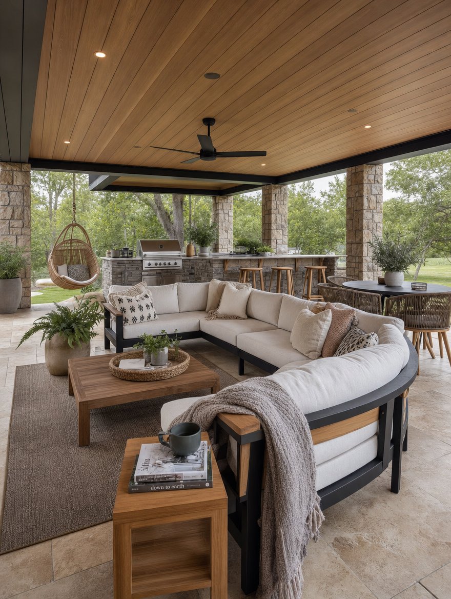 Fully furnished outdoor living room beneath a finished underdeck ceiling