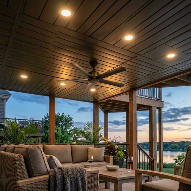 A dry, finished living space under a raised deck installed by Gutter General